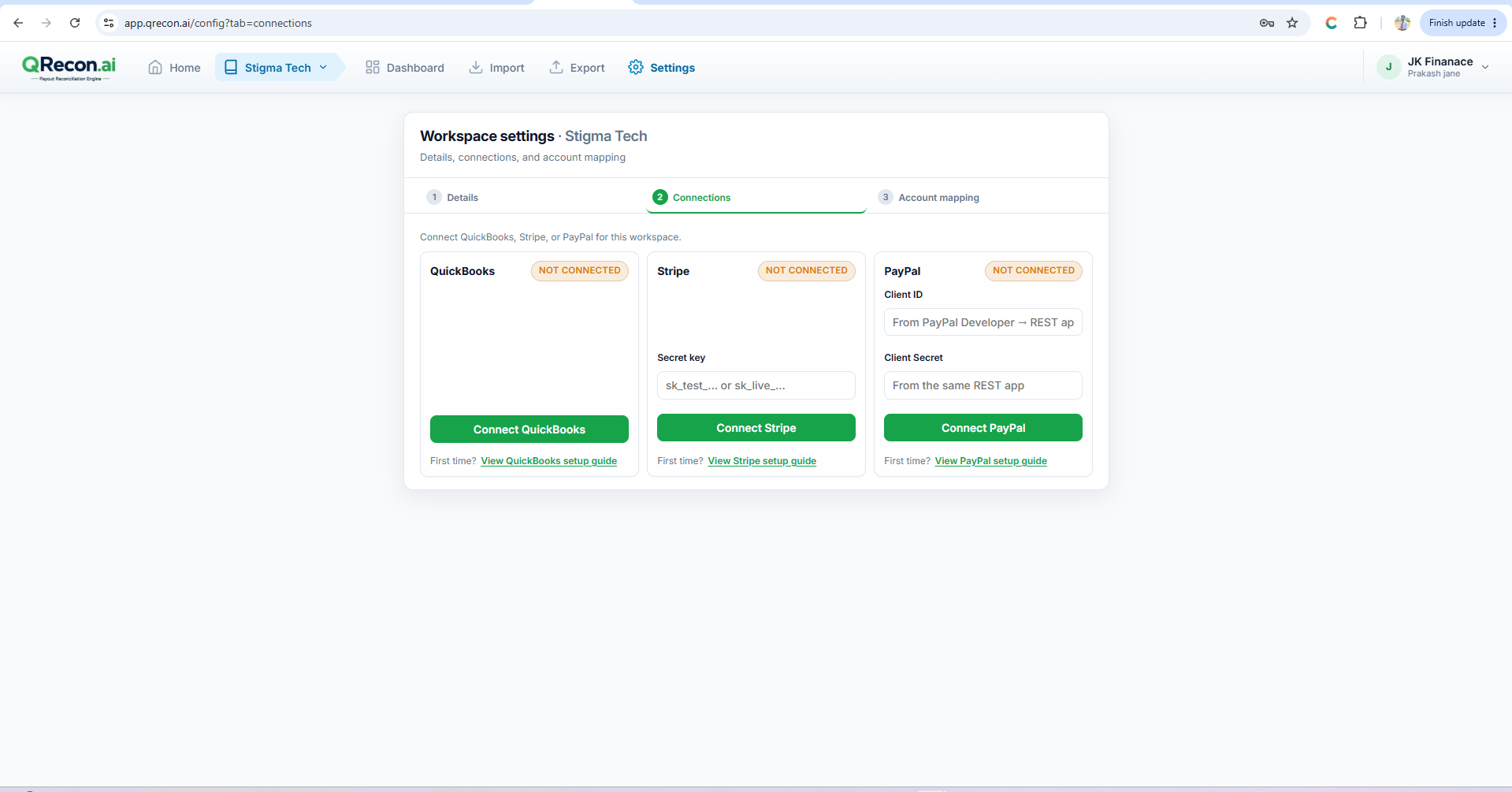 QRecon Settings → Connections overview