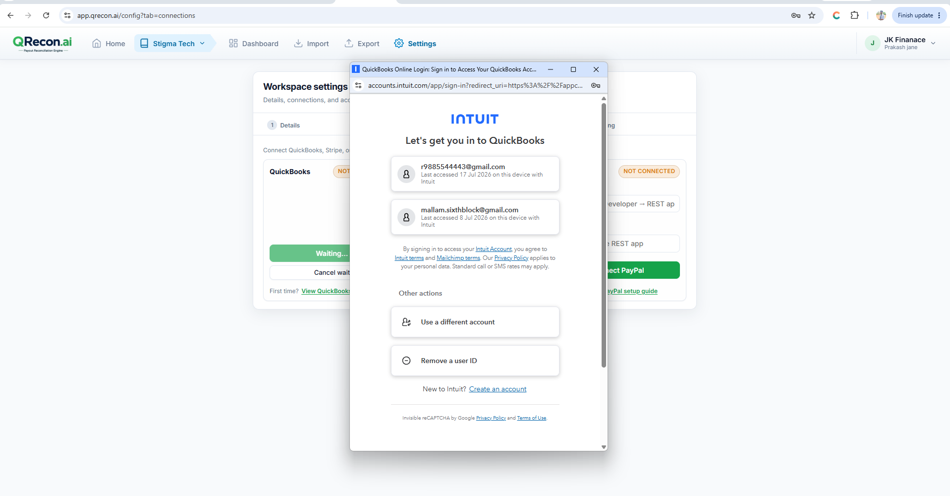 Connect QuickBooks button