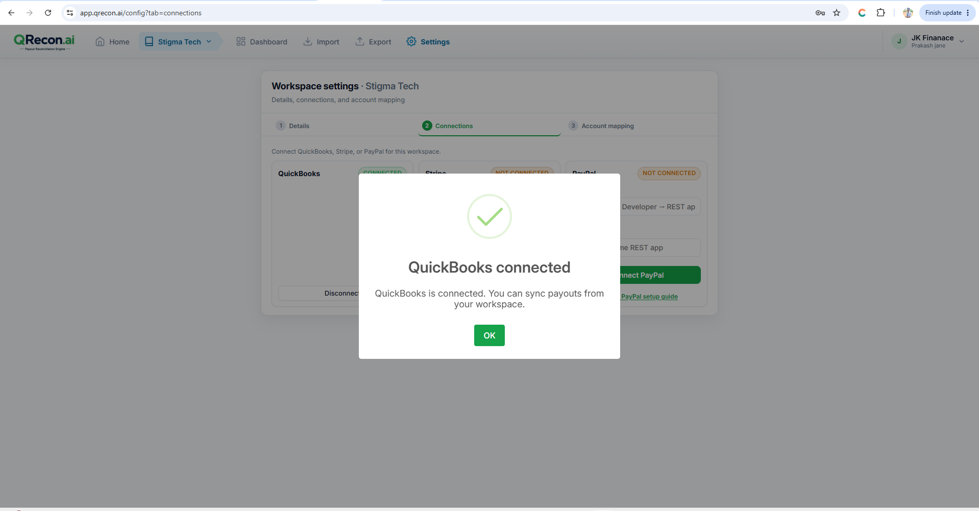 QuickBooks connected status