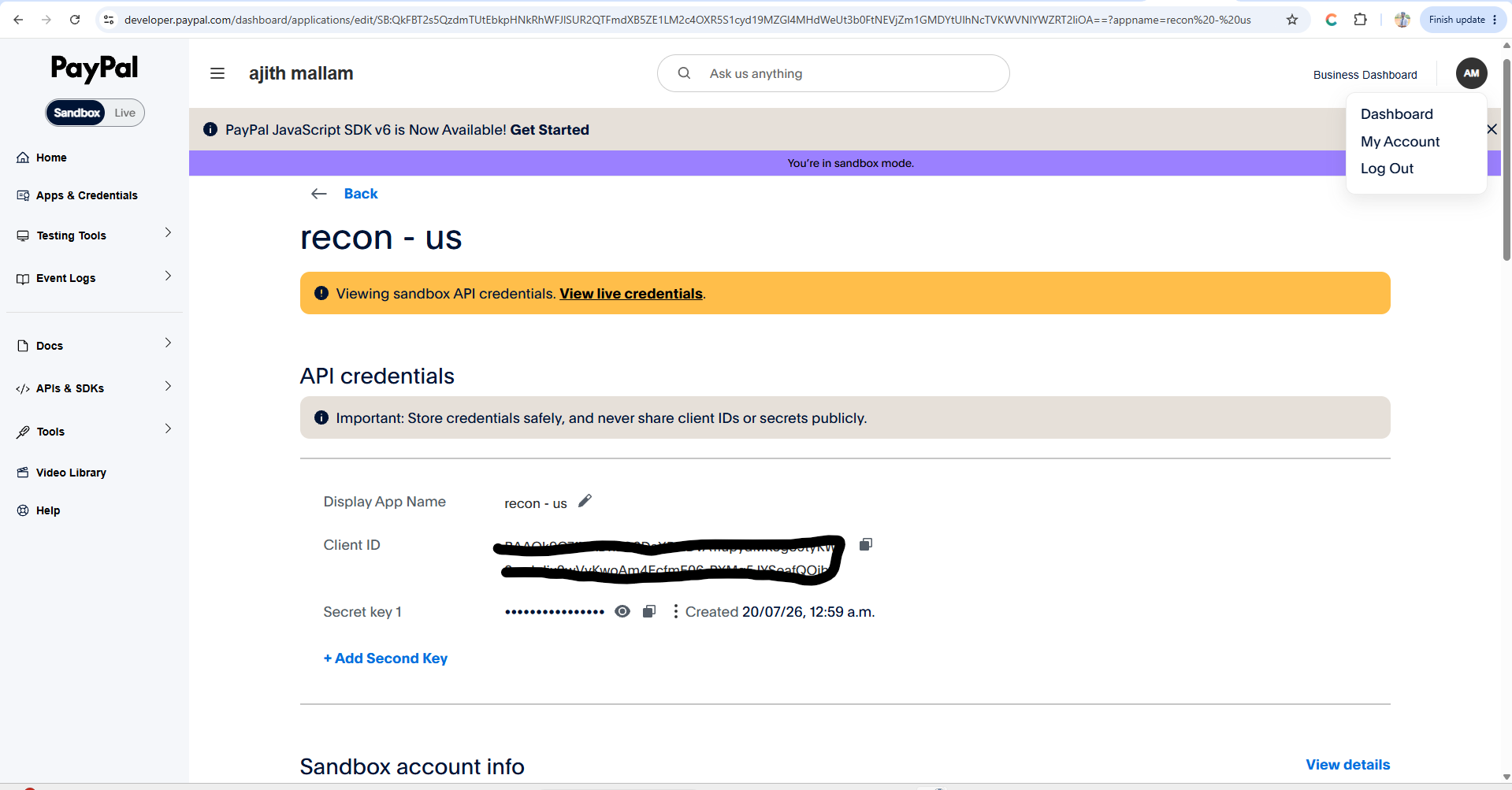 PayPal Developer Dashboard REST app credentials