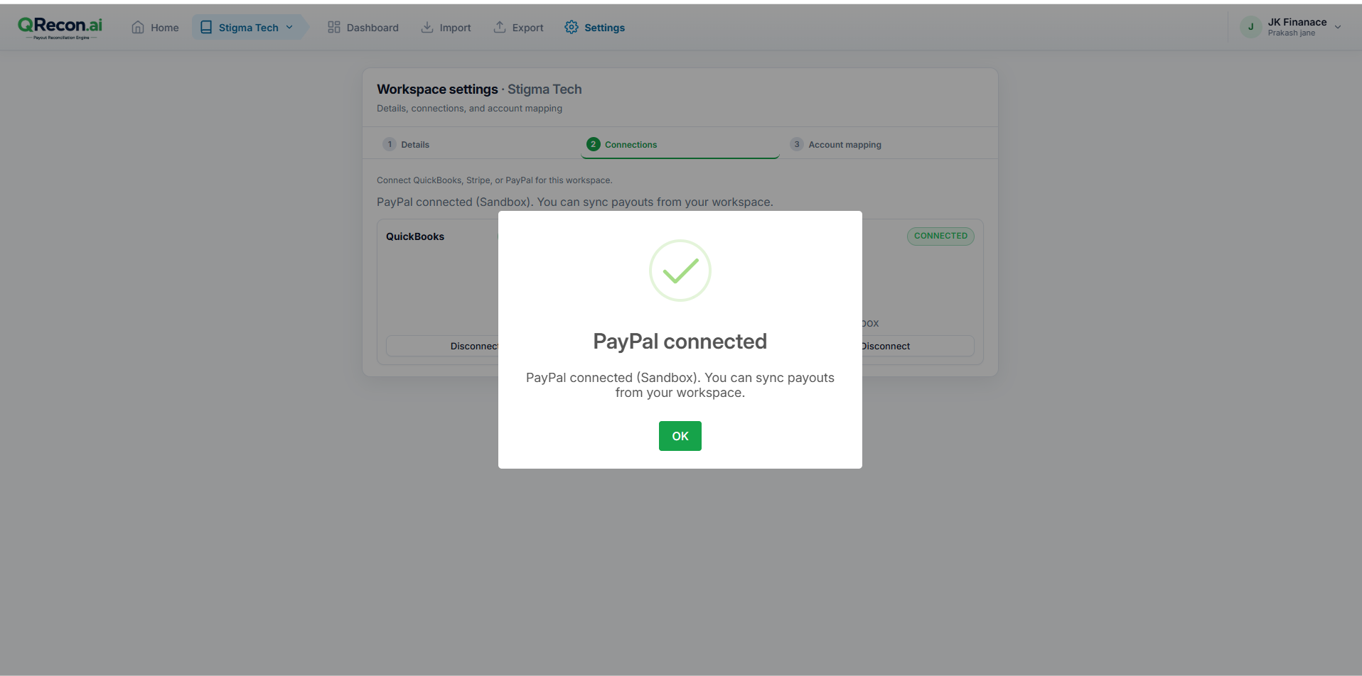 Connect PayPal inside QRecon