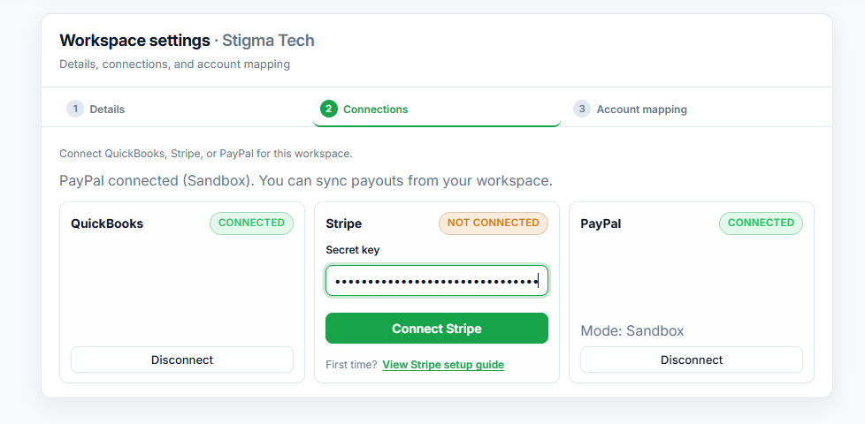Connect Stripe secret key