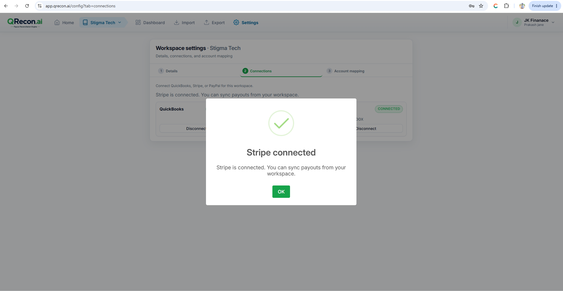 Stripe connected status