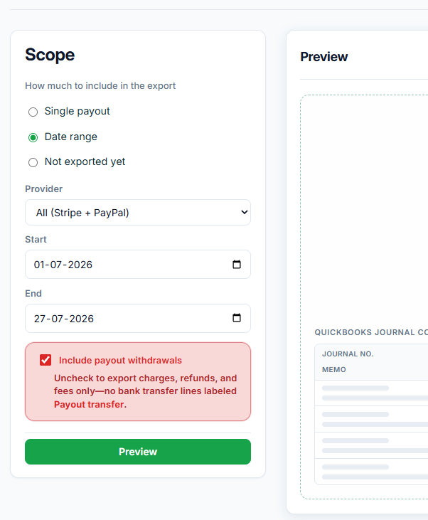 QRecon Export scope — Date range, provider, Include payout withdrawals, Preview