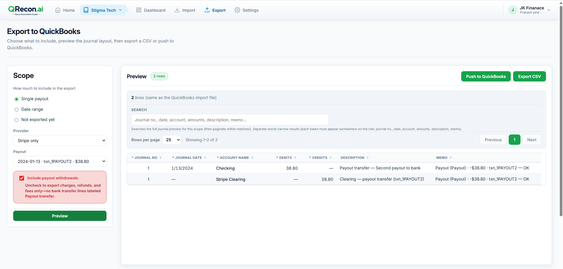 QRecon export preview journal table