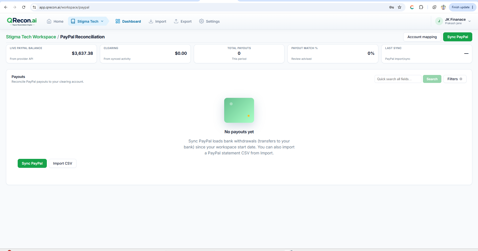 QRecon Sync PayPal or Sync Stripe on dashboard