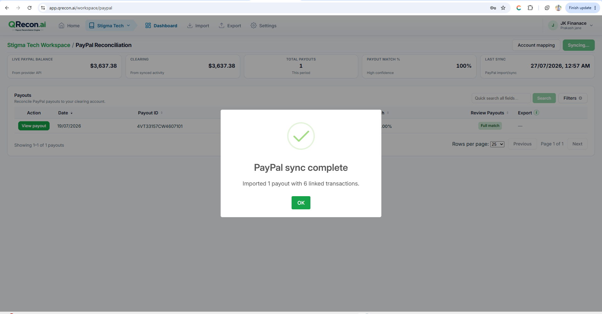 QRecon sync result note