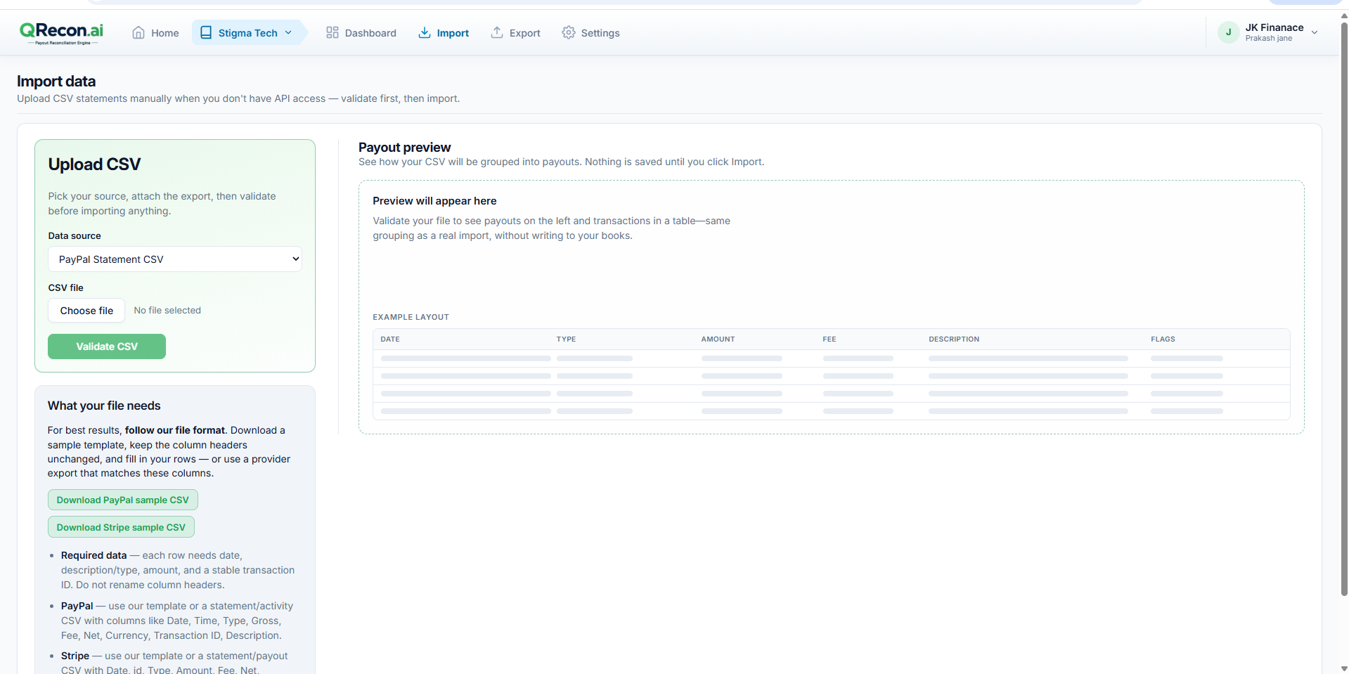 QRecon Import — choose CSV data source