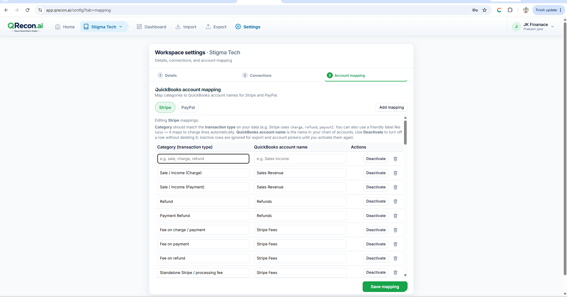 QRecon Account mapping tab with Stripe categories and QuickBooks account names