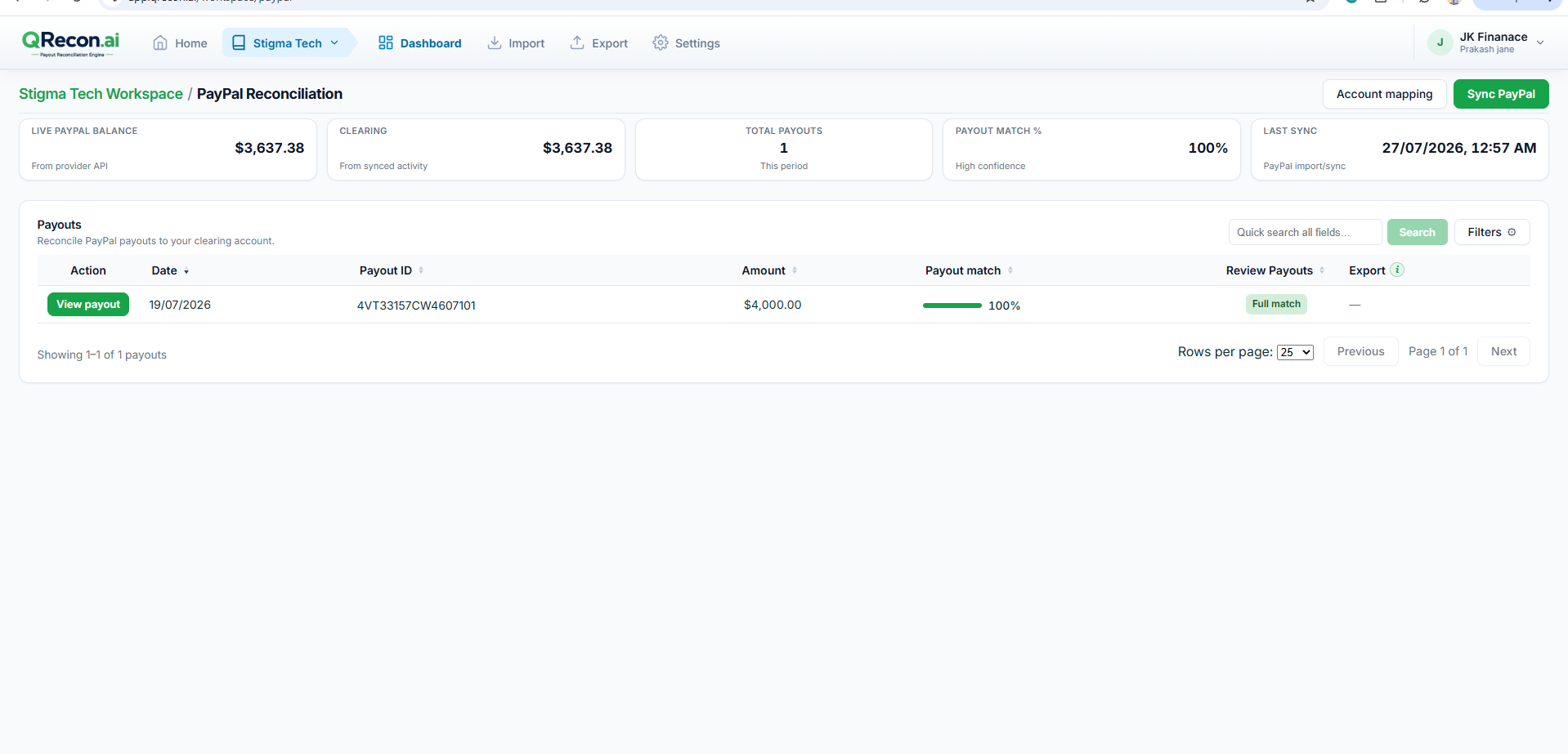QRecon payout dashboard with match % and status