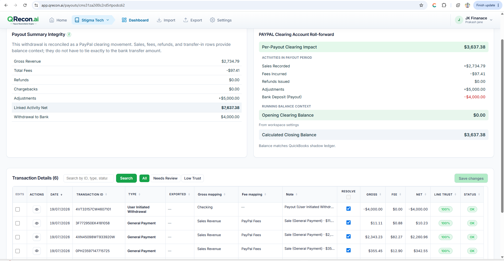 QRecon payout detail with transactions and fees