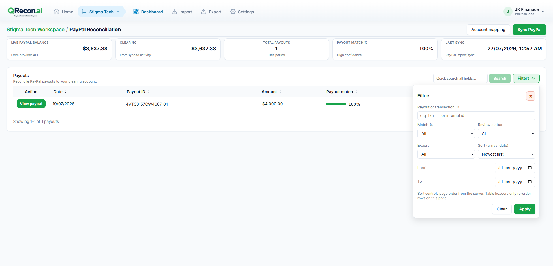QRecon dashboard filters for status and export