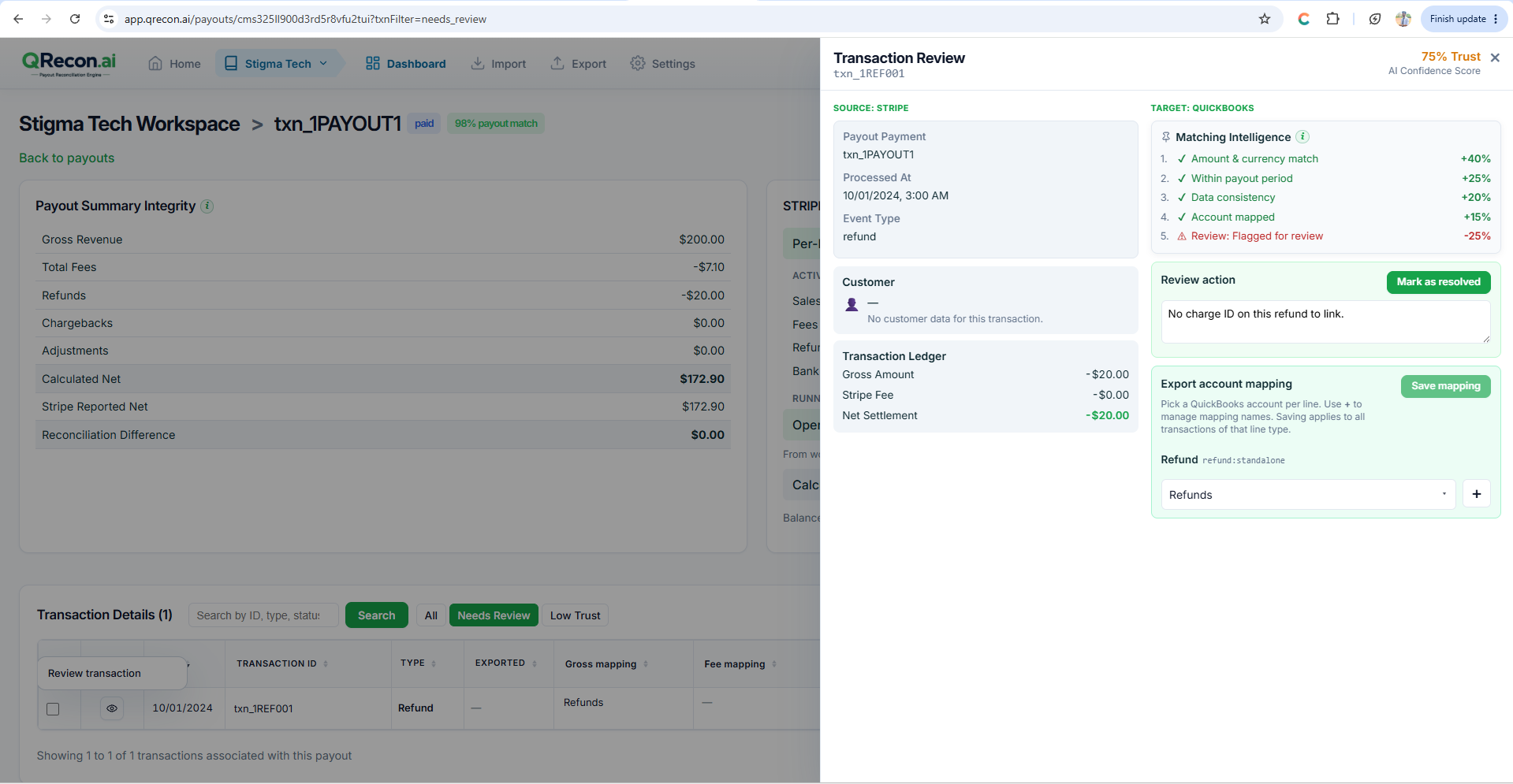 QRecon transaction review — mapping and Mark as resolved