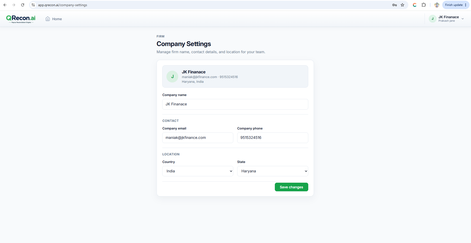 QRecon Company Settings page