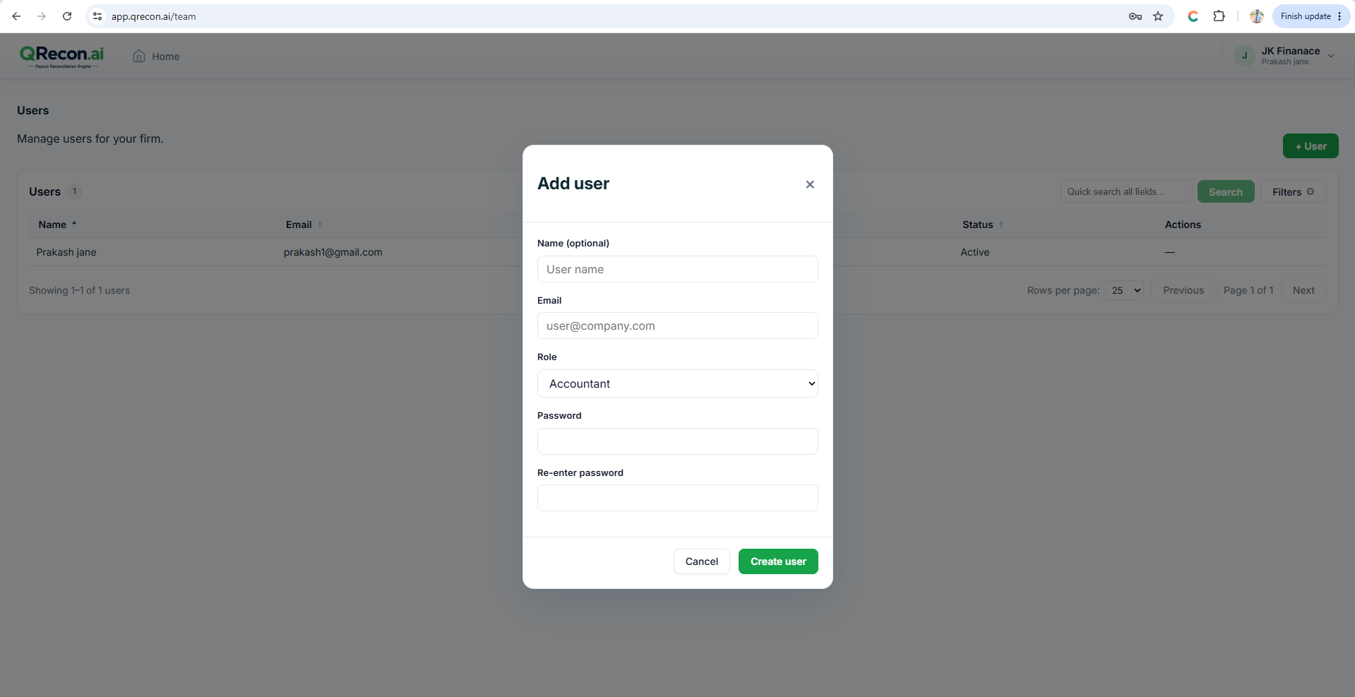 QRecon Add user form