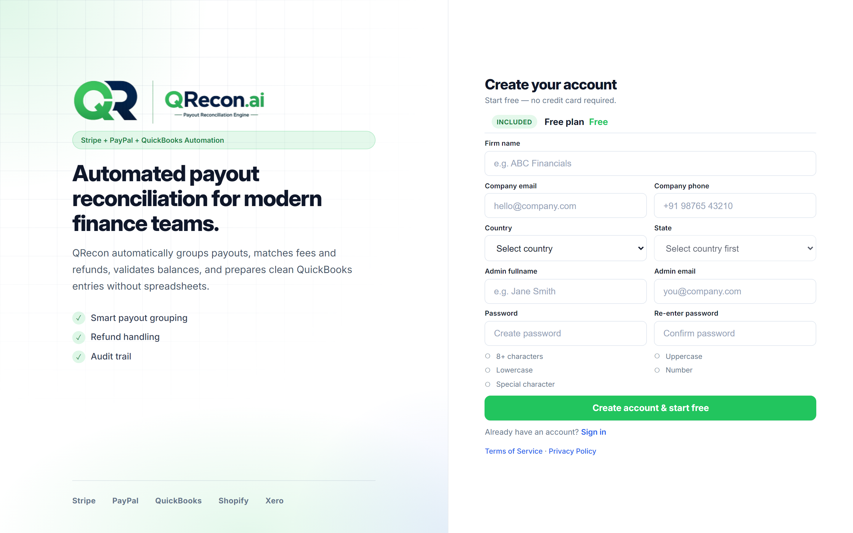 QRecon registration page — Create your account form