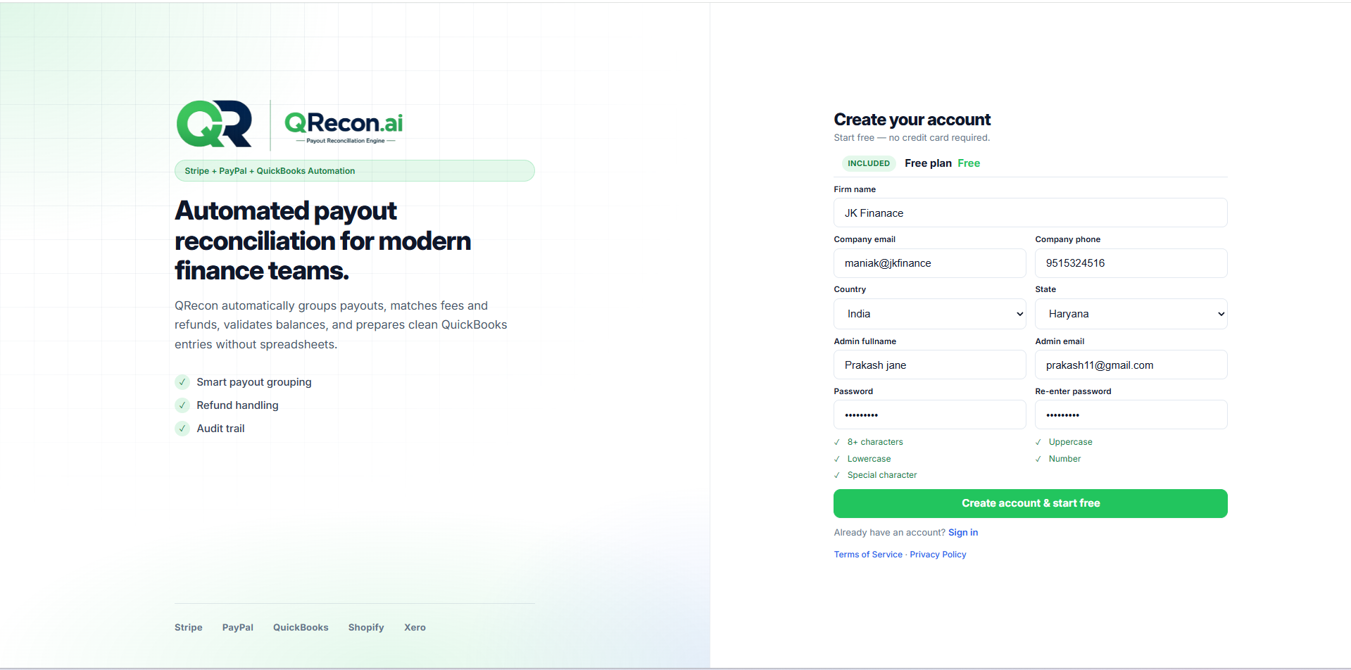 QRecon password checklist on registration