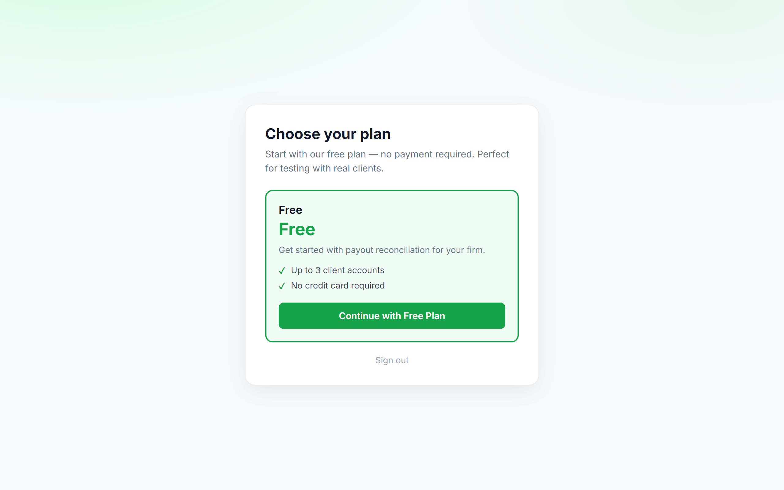 QRecon Choose your plan screen with Free plan