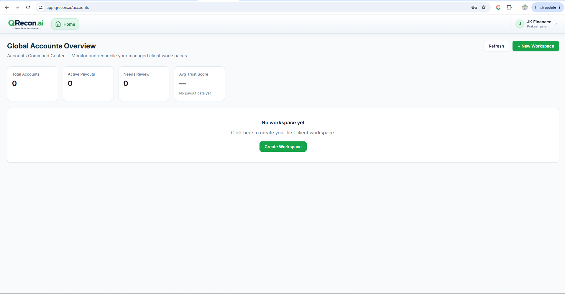 QRecon Global Accounts Overview after signing in