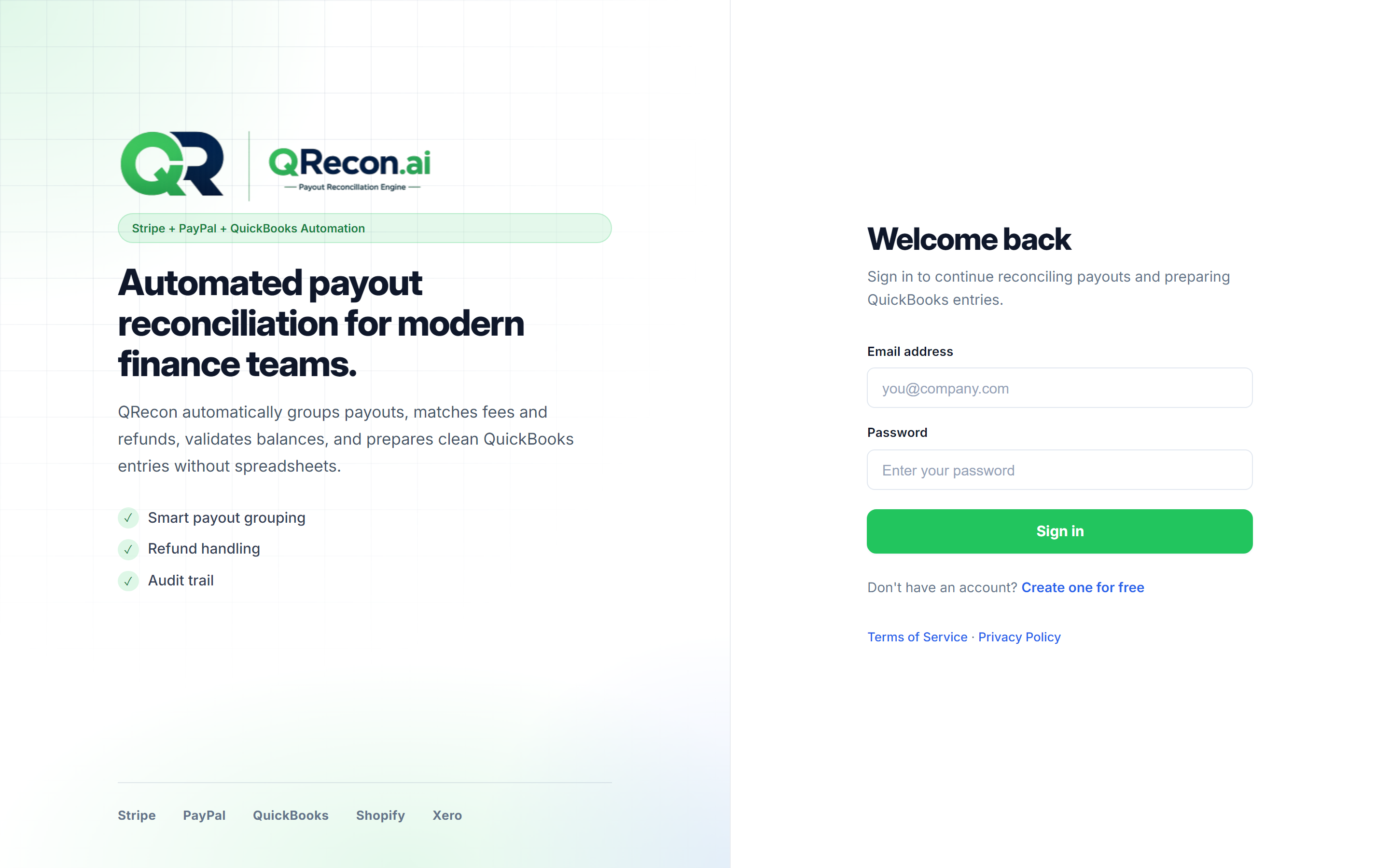 QRecon login page — Welcome back, Sign in