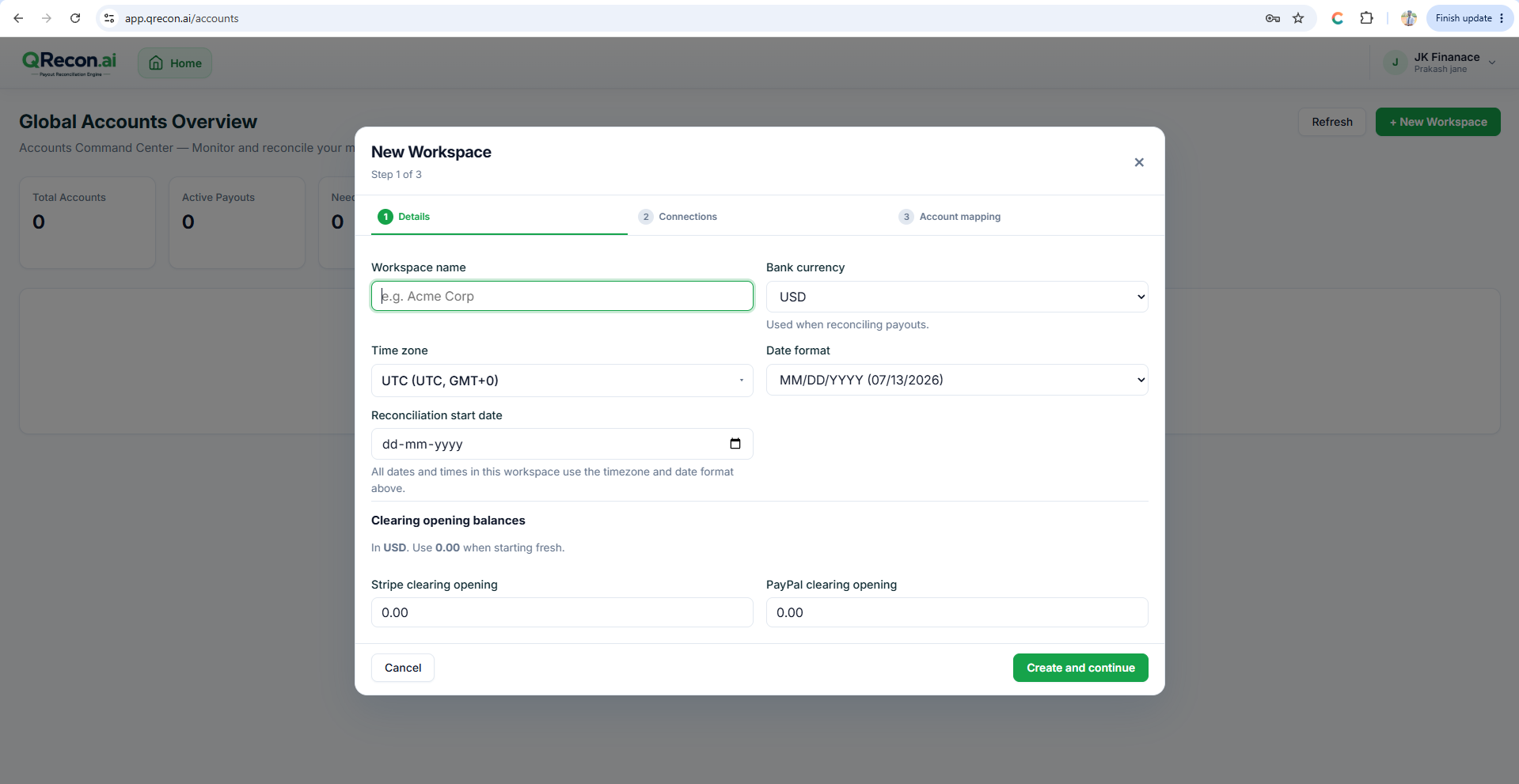 QRecon Global Accounts — + New Workspace