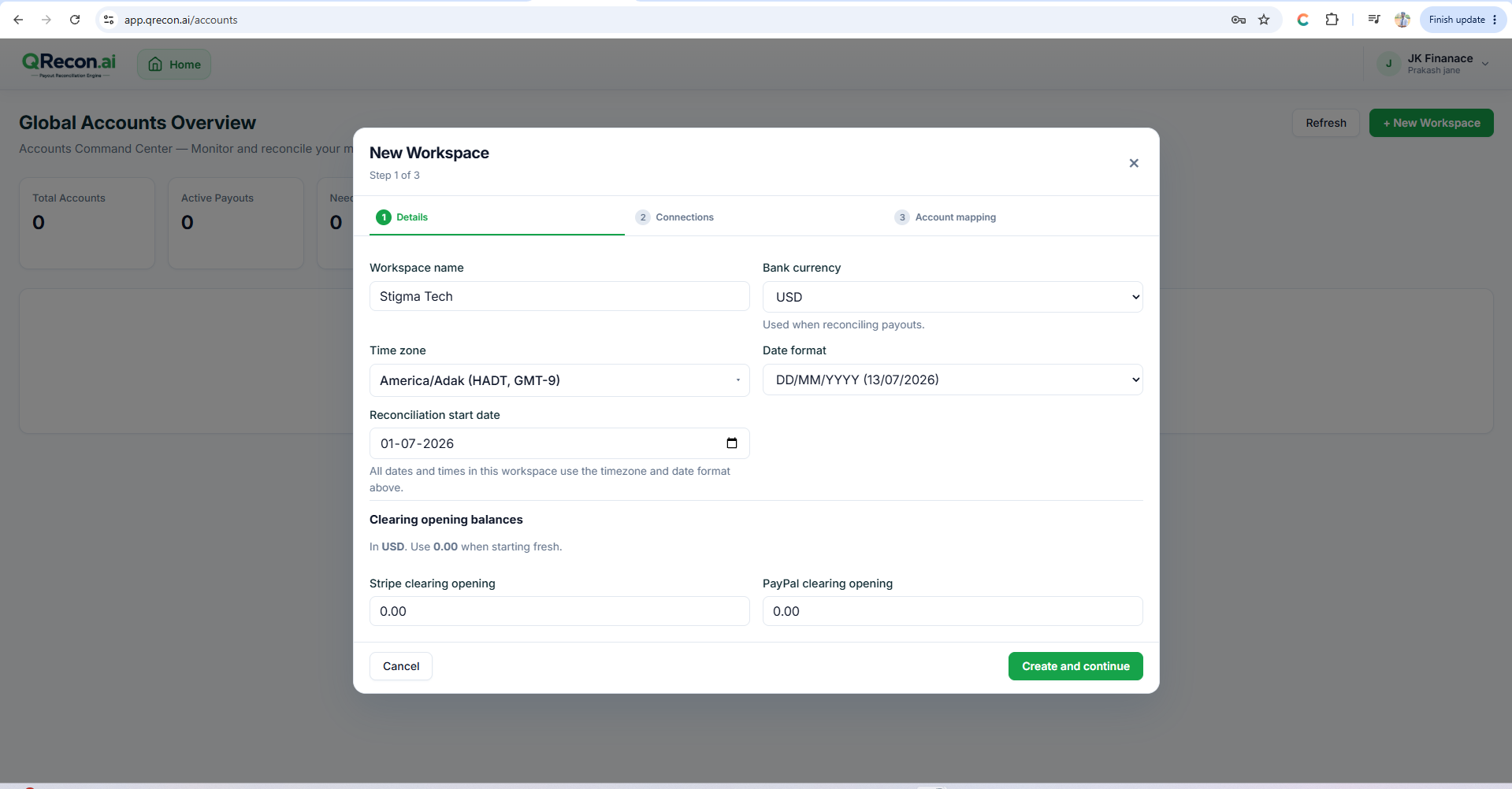 QRecon New Workspace Step 1 Details with Reconciliation start date