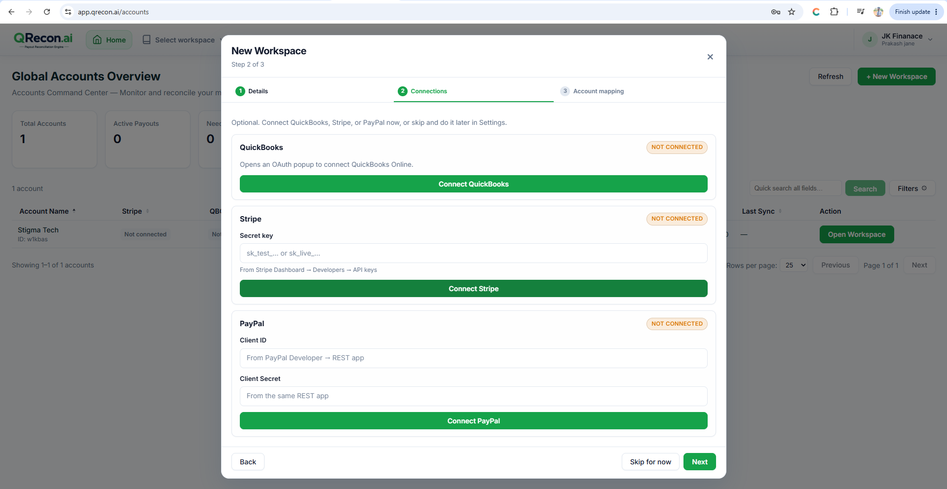 QRecon workspace connections step