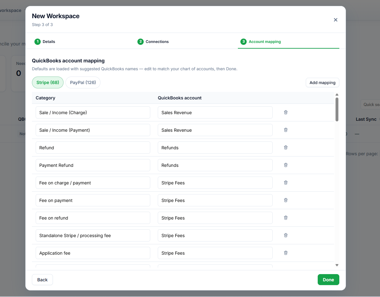 QRecon workspace account mapping step